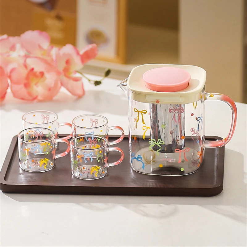 Glass Cold Water Kettle Cup Gift Box Set Color Bowknot Decal Water Bottle Scented Tea Juice Pot Drinkingware Teapot Teacup