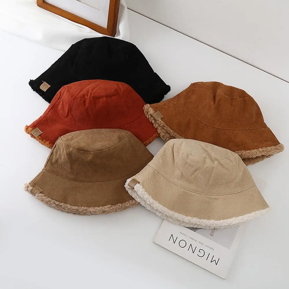 Trendy Lambswool Winter Bucket Hat Thickened Warm Fisherman Cap Soft Corduroy Beanies Cap for Casual Trips Sports Skiing Women