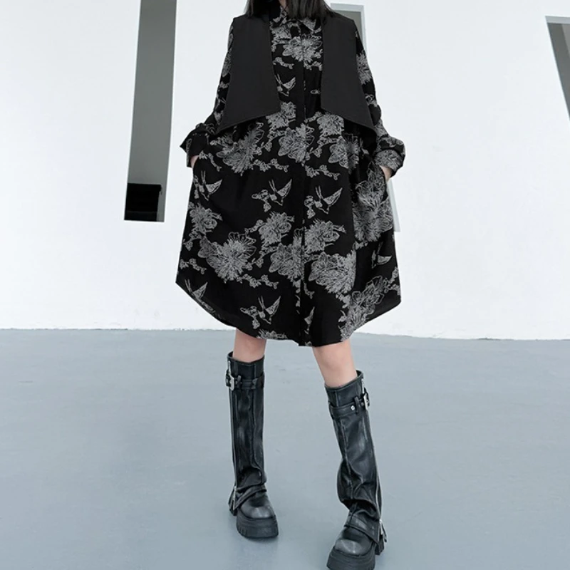 Frauen Kleider Drucken Kleid Faux Punk Gothic Drehen Unten Kragen Lange Ärmel Knielangen Lose Beiläufige Streetwear 2025, Frühling Herbst