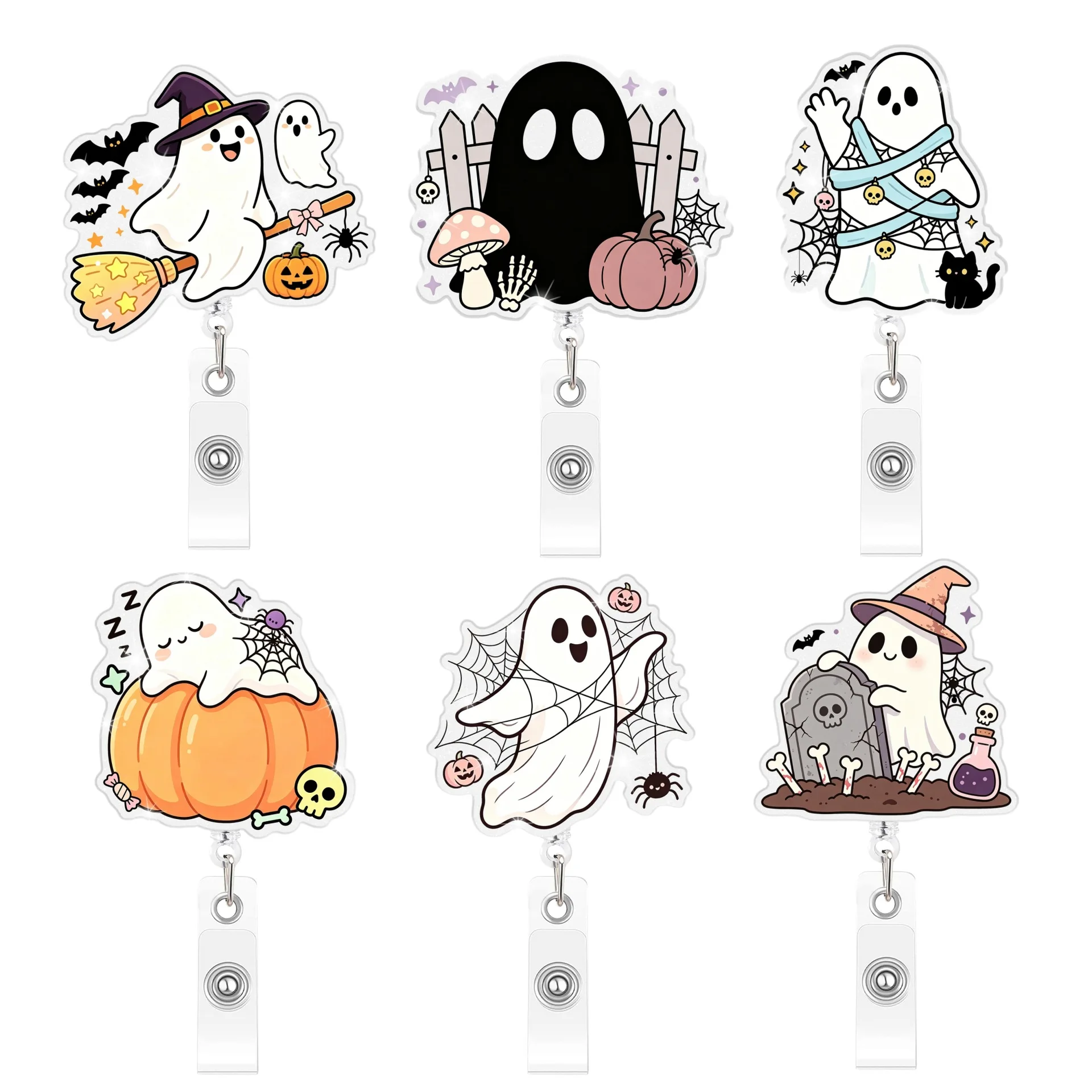 New Arrival 1 Piece Glitter Acrylic Funny Ghost Pumpkin Retractable Nurse Badge Reel Halloween Teacher Doctor ID Card Holder