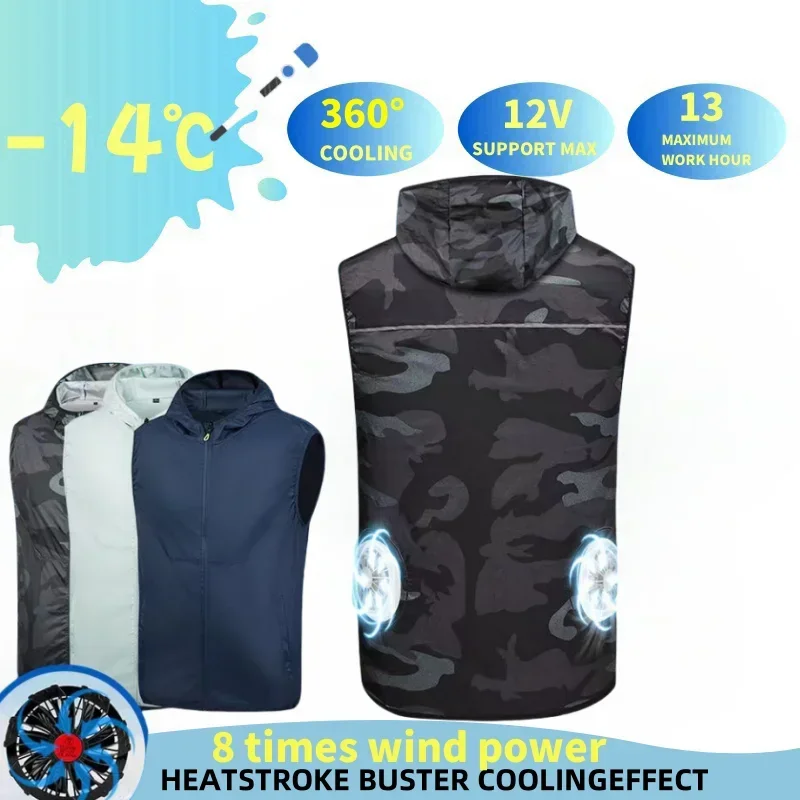 2024 Summer Cool Vest Men's USB Fan Vest Cooling Air Conditioning Clothes Outdoor Lightweight Sunscreen Work Hooded Coat Vest