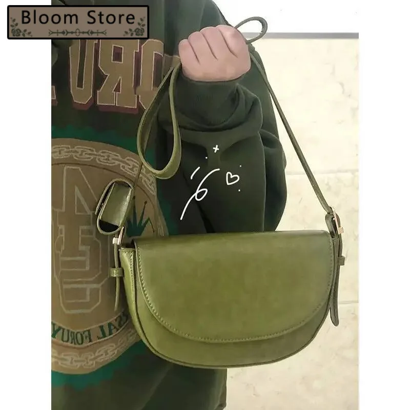 Bloom Vintage Green Shoulder Women High Street Leather Casual Saddle Bag Handbag Female Retro Solid Crossbody Bags Ladies