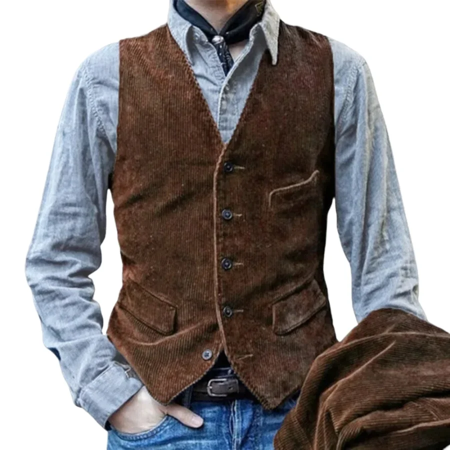 

Men's Vintage Vests British Style Corduroy Vest Casual Coats Fashion Single-breasted Sleeveless Jacket for Man Formal Waistcoat