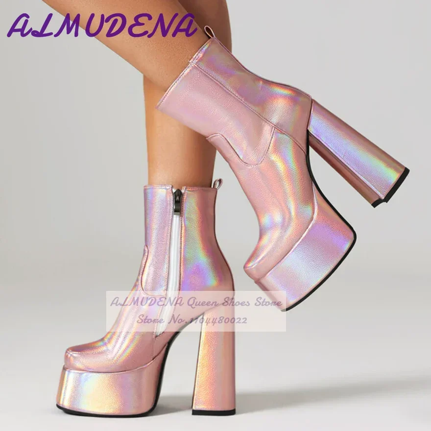 

ALMUDENA, серебристо-розовые переливающиеся ботильоны с голограммой, матовые металлические ботильоны на странном массивном каблуке, модельные туфли на высокой платформе