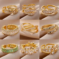 Stainless Steel Gold Color Zircon Rings For Women Vintage Luxury Band Pearl Butterfly Finger Rings Female Trendy Jewelry Gifts