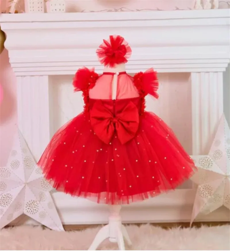 

Simple Red Flower Girl Dresses For Wedding Pearls Tiered Tulle A-Line Kid Birthday Pageant Gown First Communion Dress