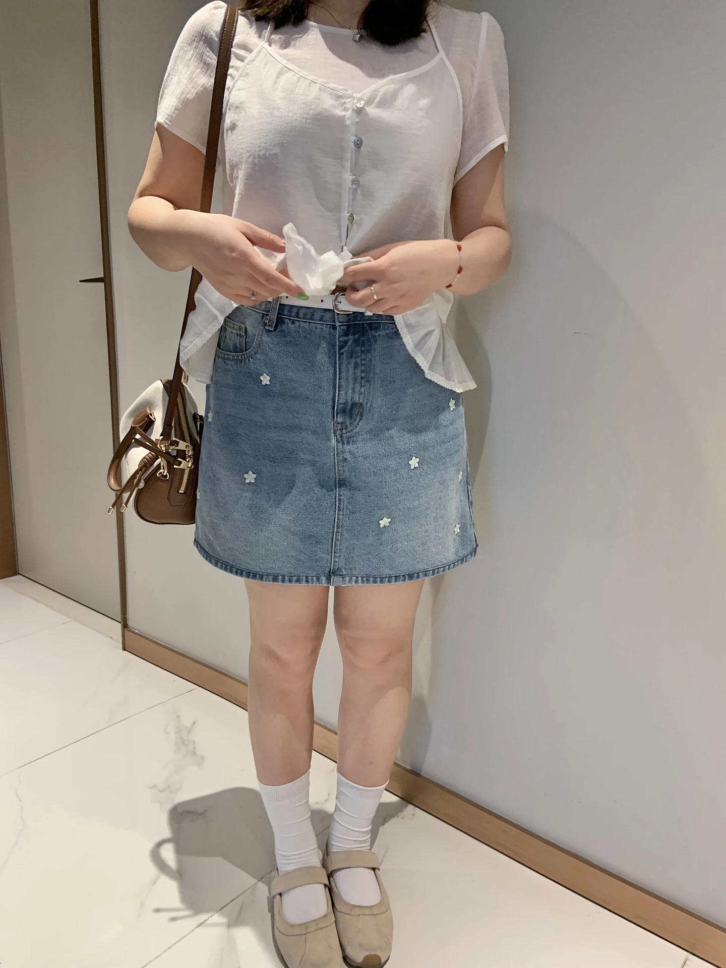 

Юбка с цветочным принтом Sweet Heart, корейская стильная светло-голубая джинсовая женская летняя короткая юбка больших размеров с высокой талией, утягивающая фигуру