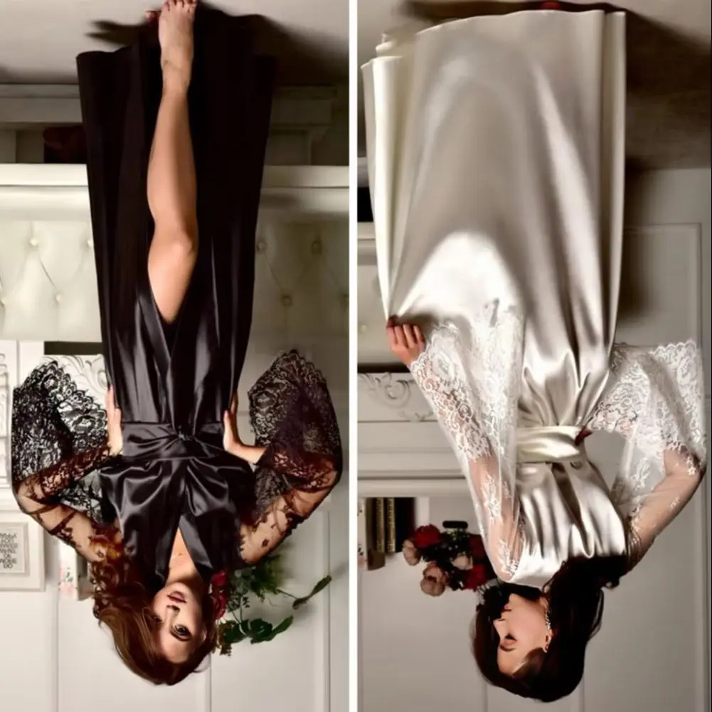 

Women Nightgown Hollow Lace Sleeves Adjustable Waist Tie Satin V Neck Imitation Silk Solid Color Sleepwear Parties Honeymoon Bri