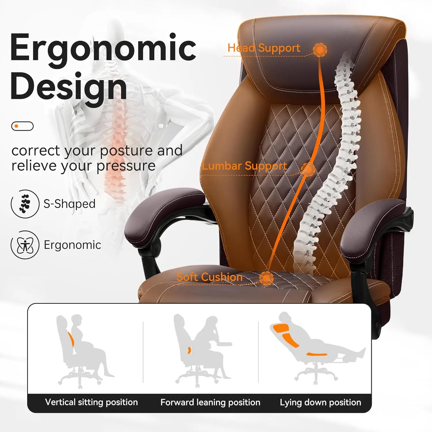 Kursi kantor, kursi Kulit eksekutif dengan punggung dapat disesuaikan, meja komputer ergonomis dan penyangga pinggang, kursi malas nyaman