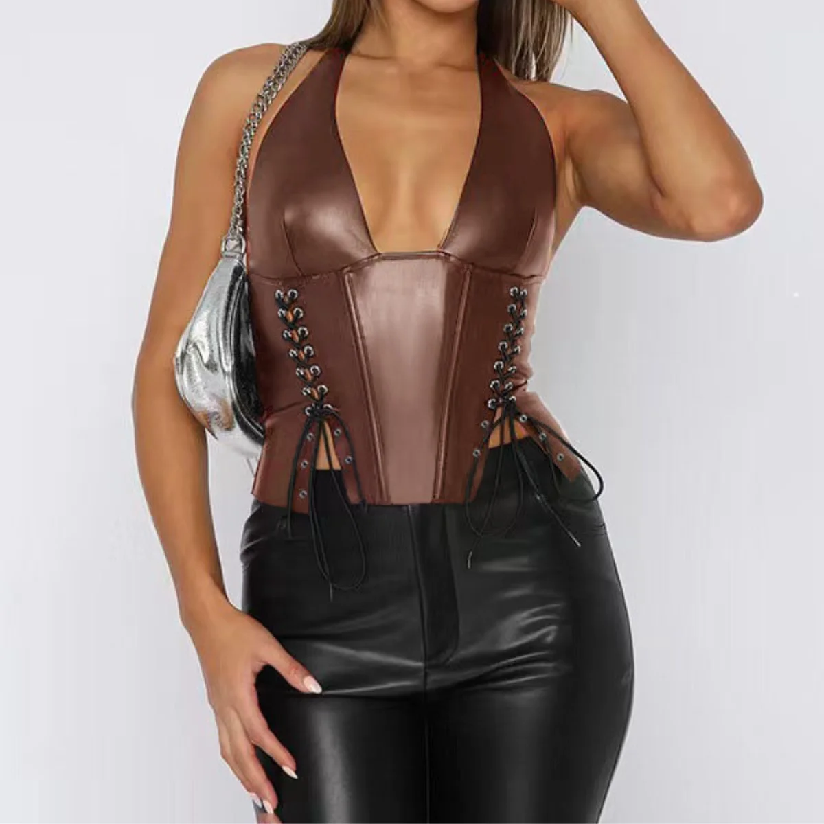 

PU Leather Punk Crop Tops Y2k Clothes Women Sexy Sleeveless Backless Corset Zipper Halter Camisole Clubwear Vest Summer Tank Top