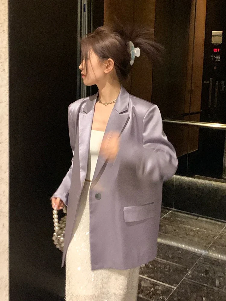 Kiesza lyte Fashion Chic Delicate elegance Blazers Women Simple Satin party High quality Jacket Lady Gray purple blazer woman