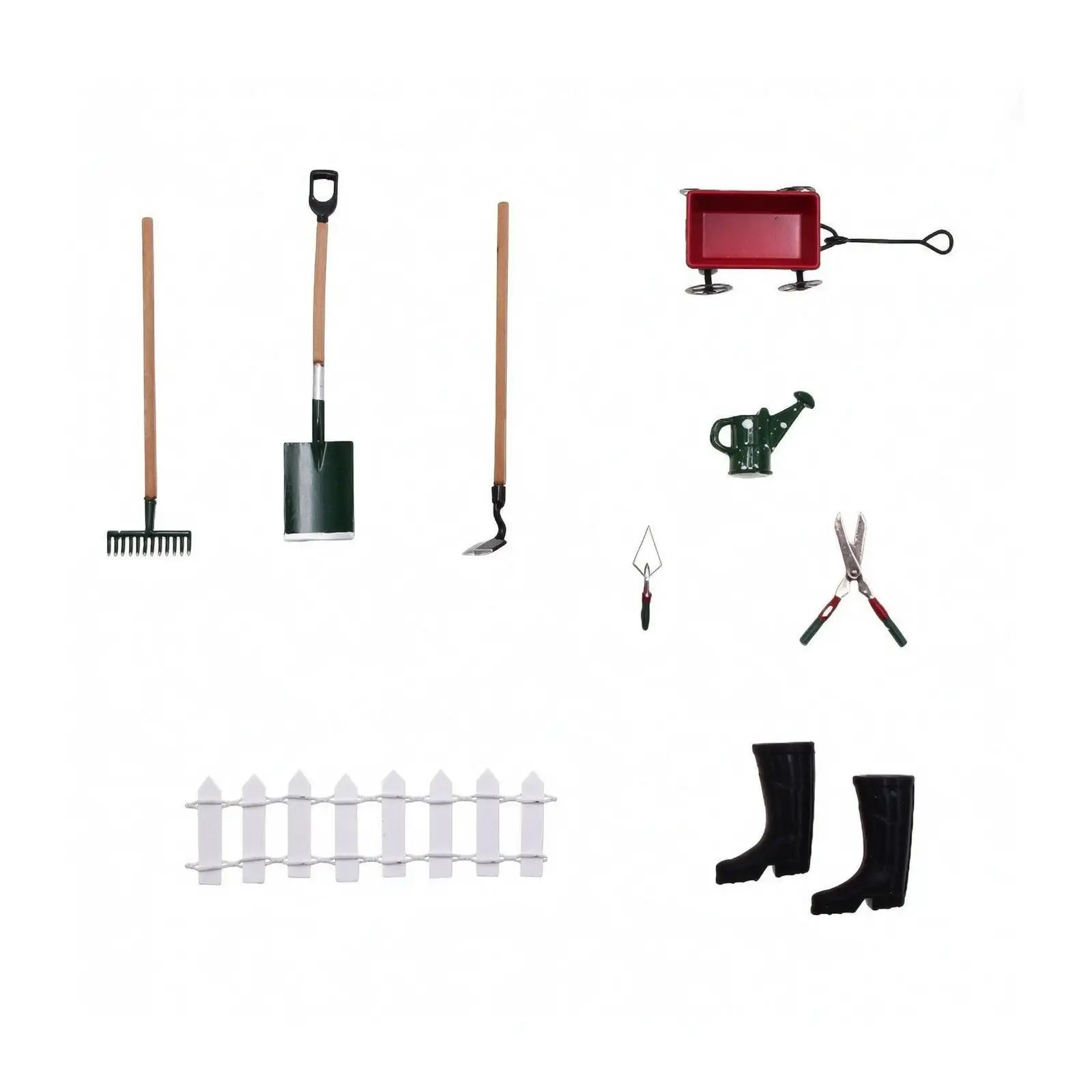 9 Pieces Dollhouse Garden Accessory Kit with Cart Alloy 1:12 Scale Gardening Set Miniature Landscaping Tool Set with Fencing