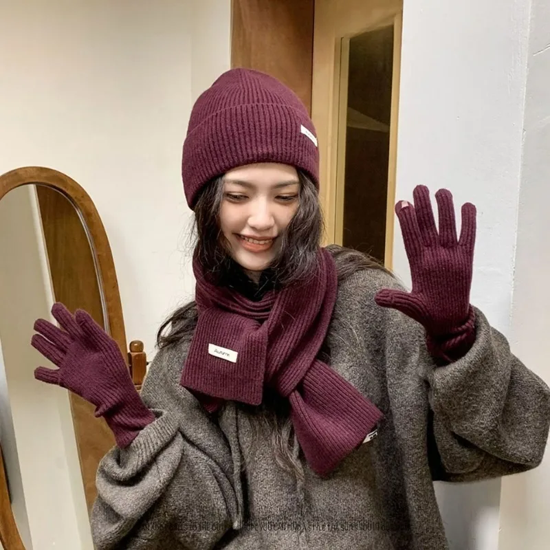 مجموعة قبعات عيد الميلاد الجديدة لعام 2025، صوف الكشمير المقلد المحبوك، وشاح من ثلاث قطع دافئ وبارد، قفازات، طقم قبعة مكون من ثلاث قطع #5