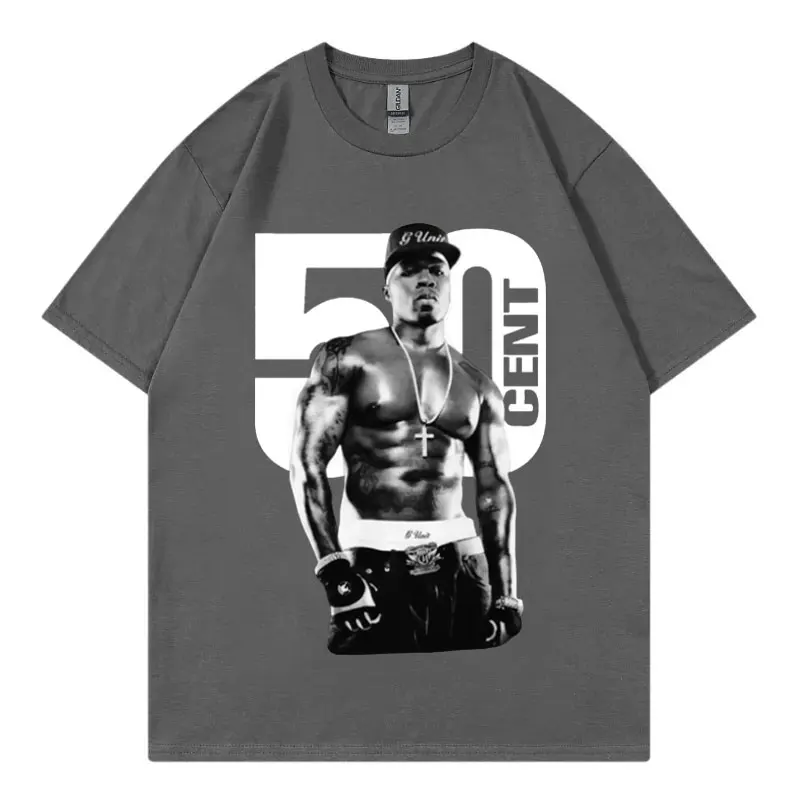 مغني الراب 50 سنت الجرافيك تي شيرت الذكور موضة الهيب هوب خمر تي شيرتات قصيرة الاكمام الرجال الصيف 100% القطن المتضخم تي شيرت