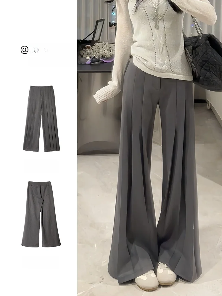 กางเกงขายาวทรงตรงเอวต่ำ ดีไซน์จีบพลีท แฟชั่นสำหรับผู้หญิง สไตล์ลำลอง เหมาะสำหรับใส่ทำงาน ฤดูใบไม้ผลิ