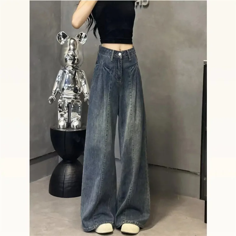 

Женские модные джинсы с высокой талией, ретро-стиль, однотонные, широкие штанины, осенние повседневные прямые джинсовые брюки для женщин