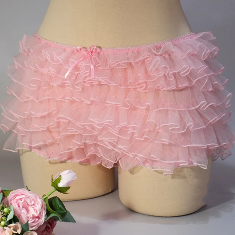 Sweet Cute Bow Low Waist Pettipants Organza Lace Ruffles Multi-layers Shorts Fairy Coquette Women Girl Y2K Vintage Bloomers Pant