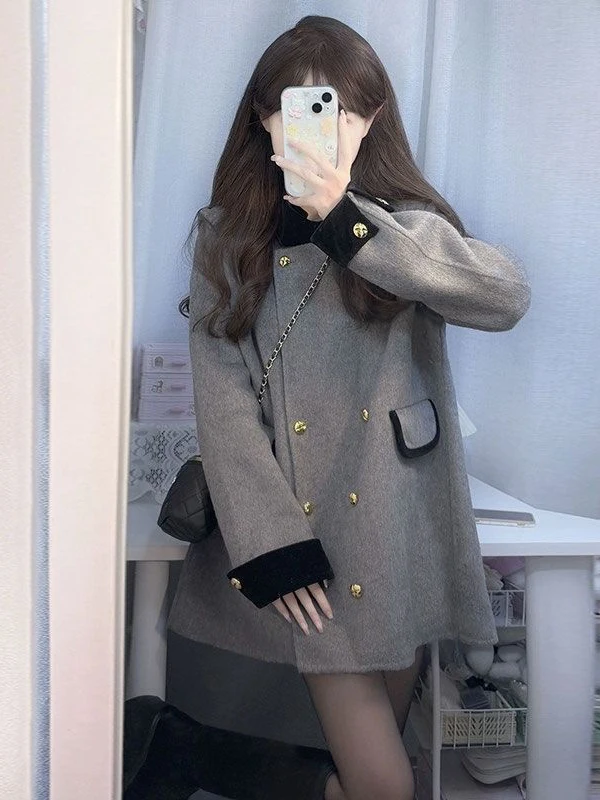 Ladies Thickened Woolen Coat Autumn Winter New Style Loose Fit Warm Fashionable Korean Version Long Sleeve Stand Collar Coat