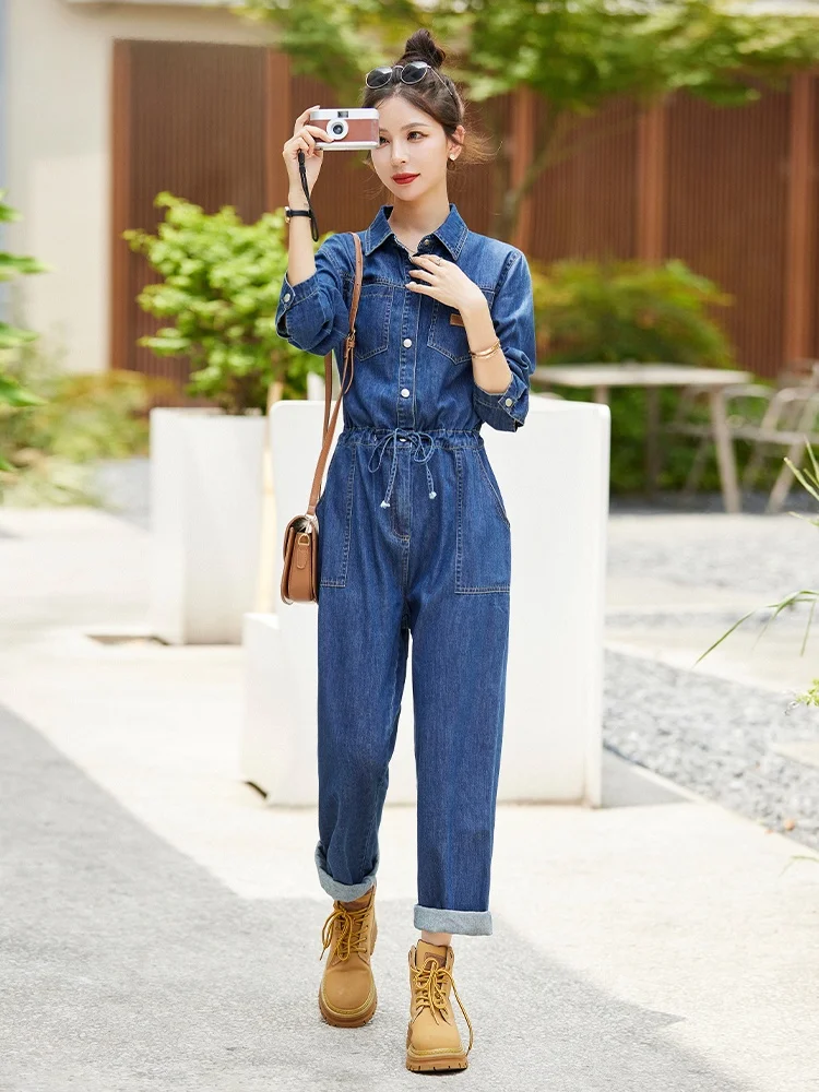 ชุดเอี๊ยมยีนส์ลำลอง La Chapelle แฟชั่นสำหรับผู้หญิง ทรงหลวม สไตล์ชุดทำงาน กางเกงขายาวเอวสูง ผ้าฝ้าย ทรงตรง