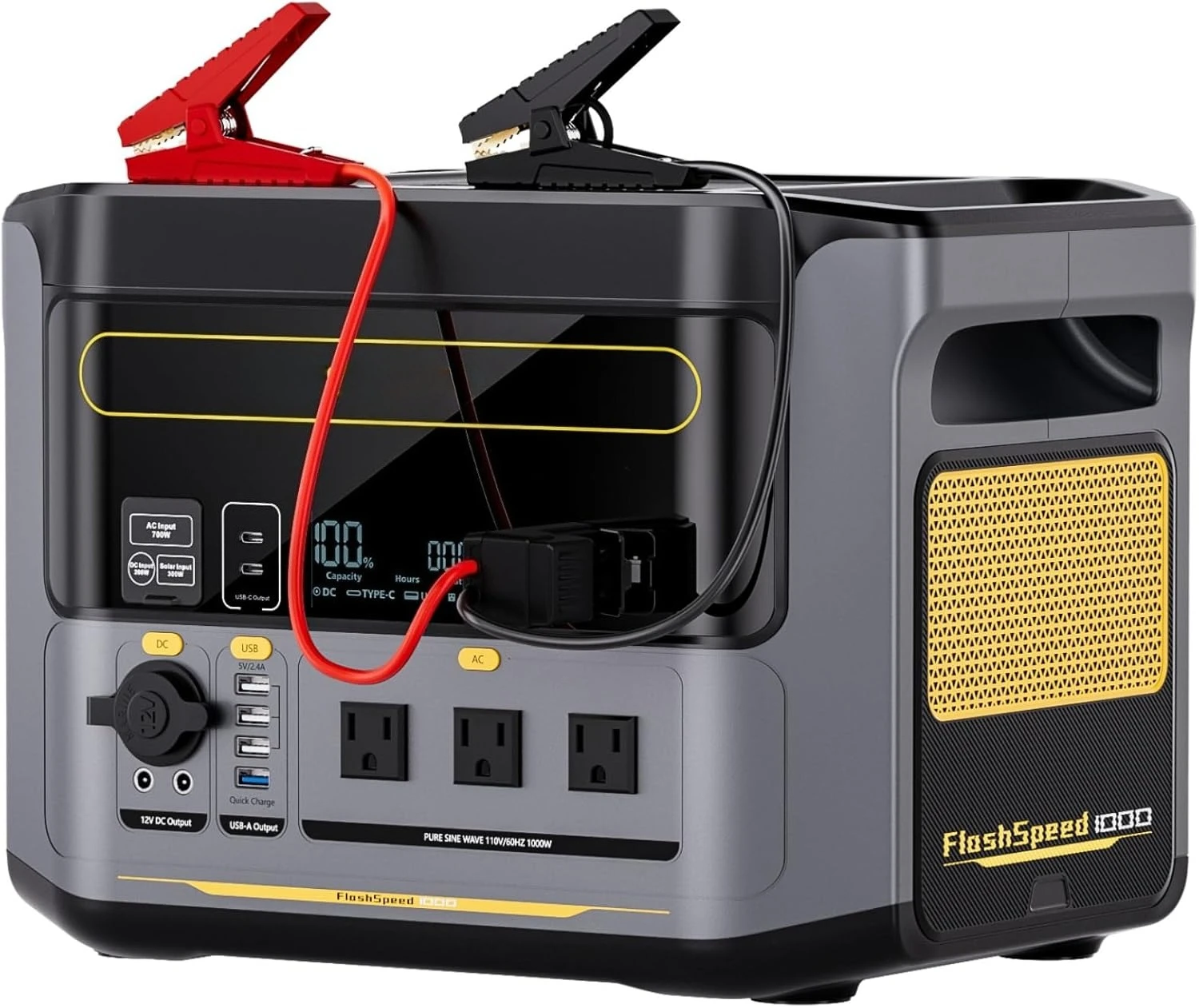 

Портативная электростанция 1000 Вт с кабелями для запуска двигателя, солнечный генератор LiFePO4 828 Вт·ч и пусковое устройство для автомобиля, быстрая зарядка за 1 час, пиковая мощность 2000 Вт