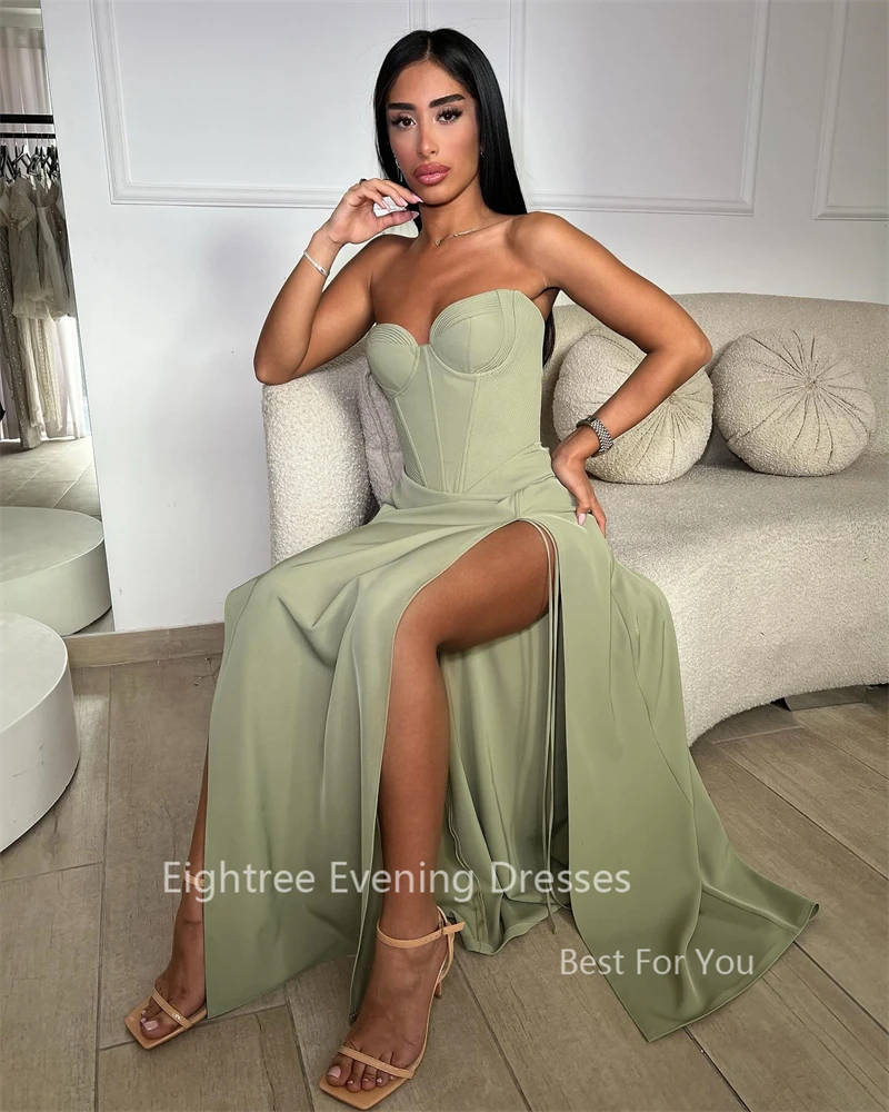 Eightree Bean Green Satin Prom Dresses Simple Wedding Guest Floor-length Arabic Elegant Formal Evening Party Dress Skirt Women