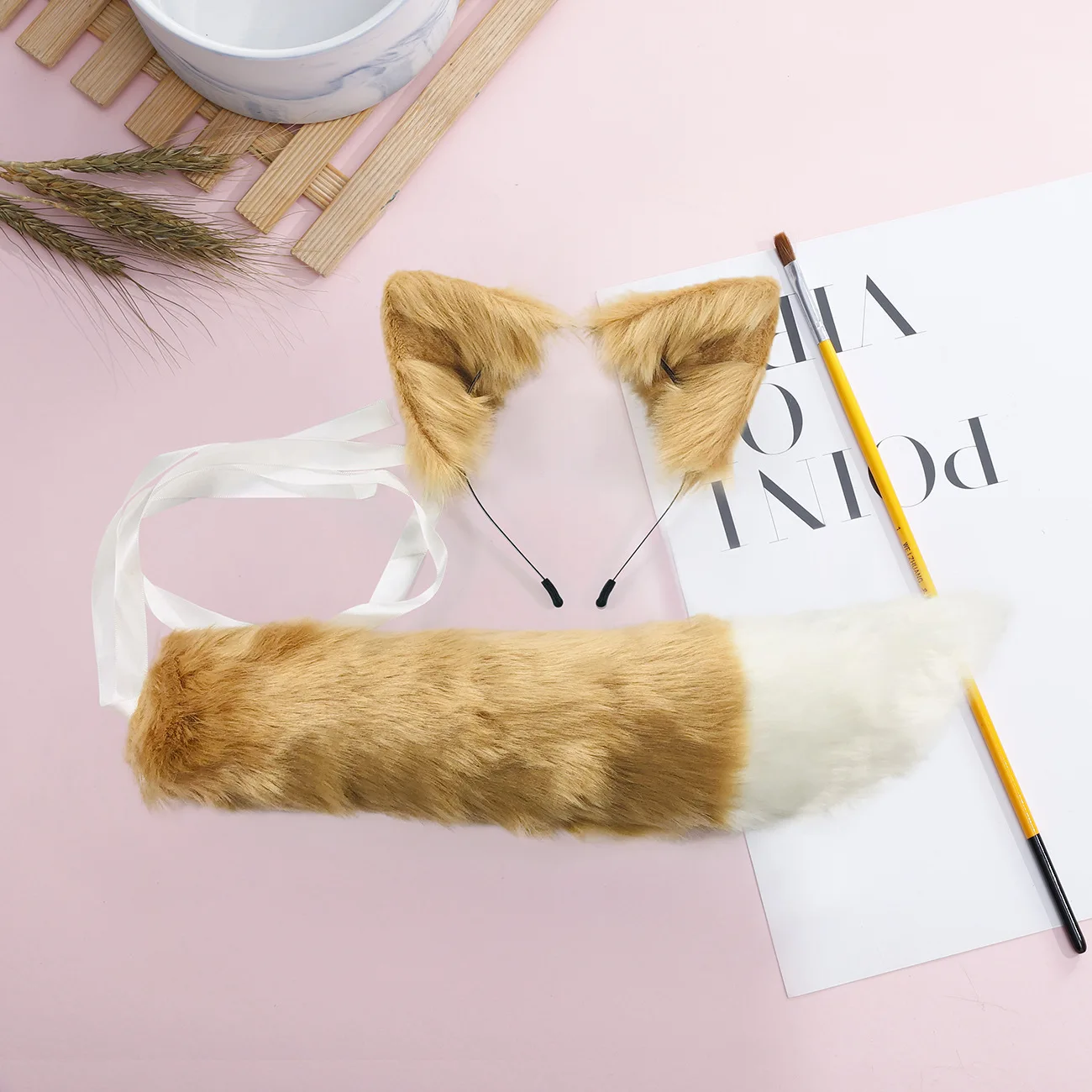 Cute Pink Cosplay Headwear Tail Set Anime Fox Rabbit Fur Headdress Animal Ear Headband Tail Party Props Lolita Accessories Set