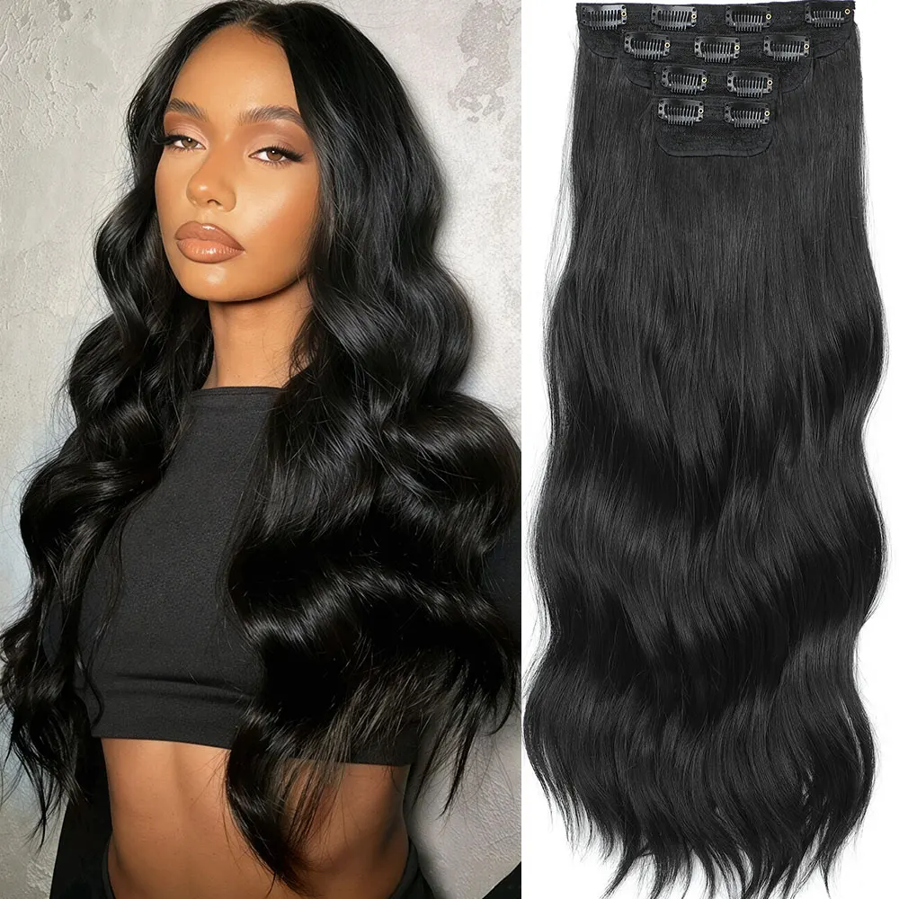 22 Inches 4Pcs/Set 11 Clips 220g Loose Wavy Clip in Hair Extensions Blonde Highlight Ombre Heat Resistant Synthetic Hairpiece