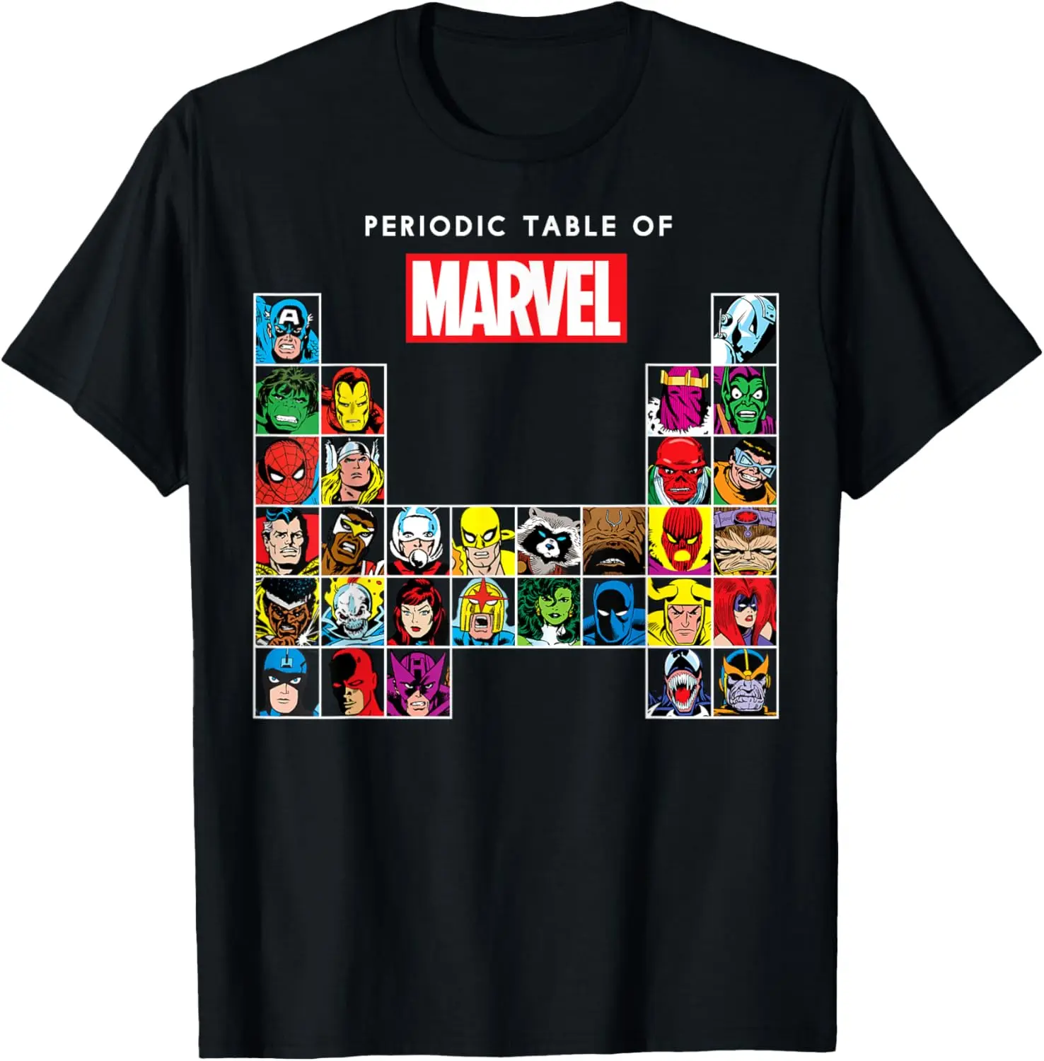 

Футболка в стиле ретро с периодической таблицей героев и злодеев Marvel