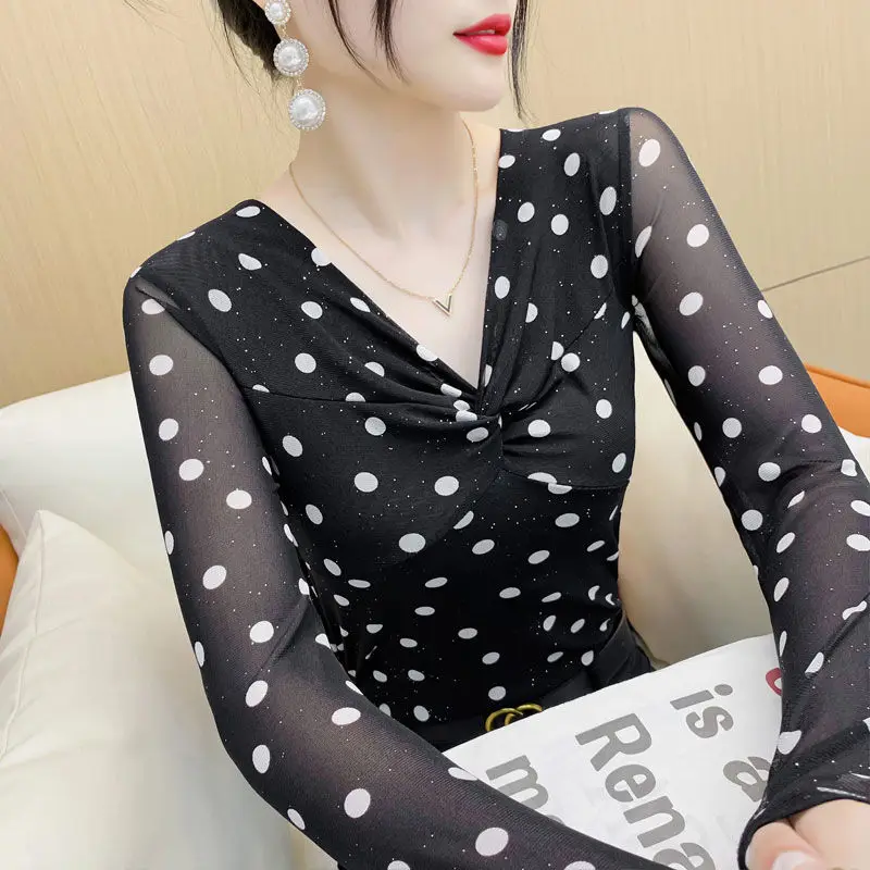 Spring Autumn New Top Tee Net Yarn Bottoming Shirt Female Slim Interior Lapping Interior Lapping T-Shirts Polka Dot Fashion Tops