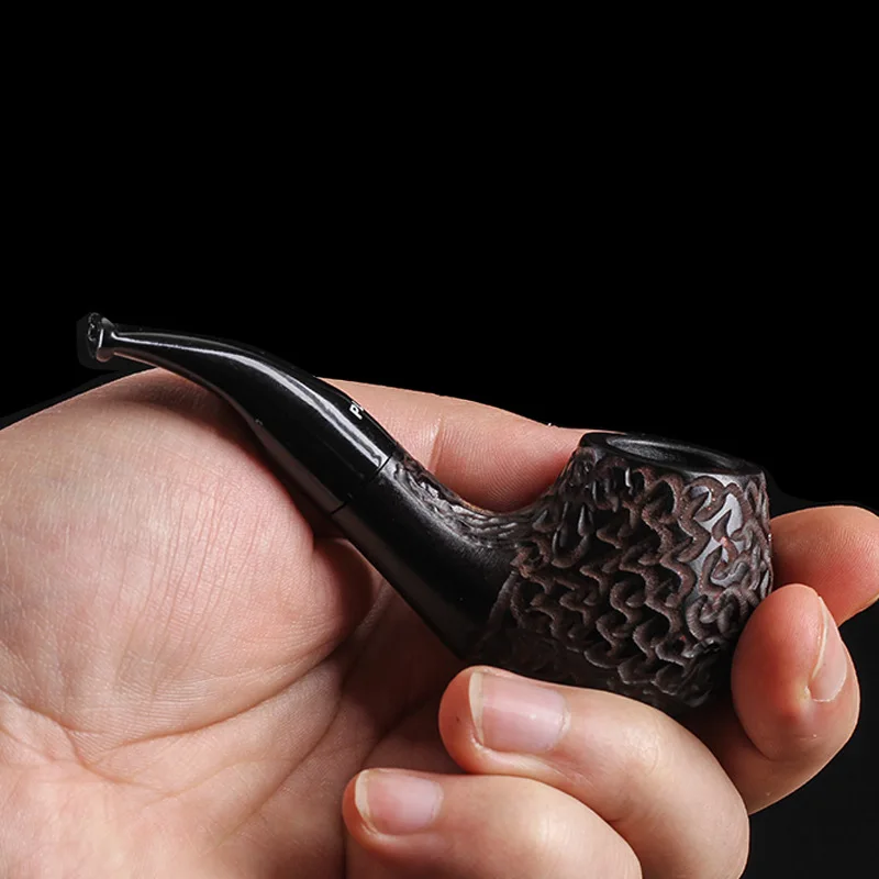 Mini Ebony Wood 9mm Filter Tobacco Pipe Retro Gentleman Bent Type Handle Handmade Smoking Pipe With Accessory Old Dad\'s Gift