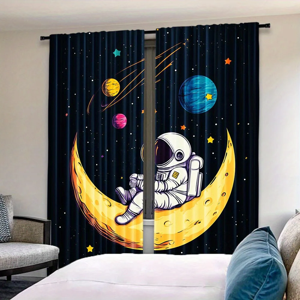2pcs Cartoon Astronaut on Moon Curtains Space Planet Star Window Drapes for Kids Bedroom Playroom Nursery  Privacy Protection