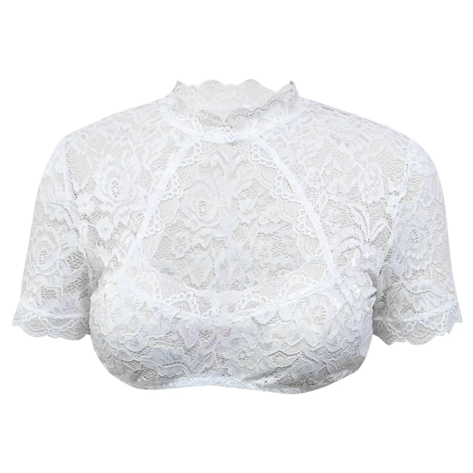 Plus Size Women's Elegant Lace Dirndl Blouse Sexy Hollow Out Shirts Tops And Blouses For Oktoberfest See-Through Wrap Crop Tops