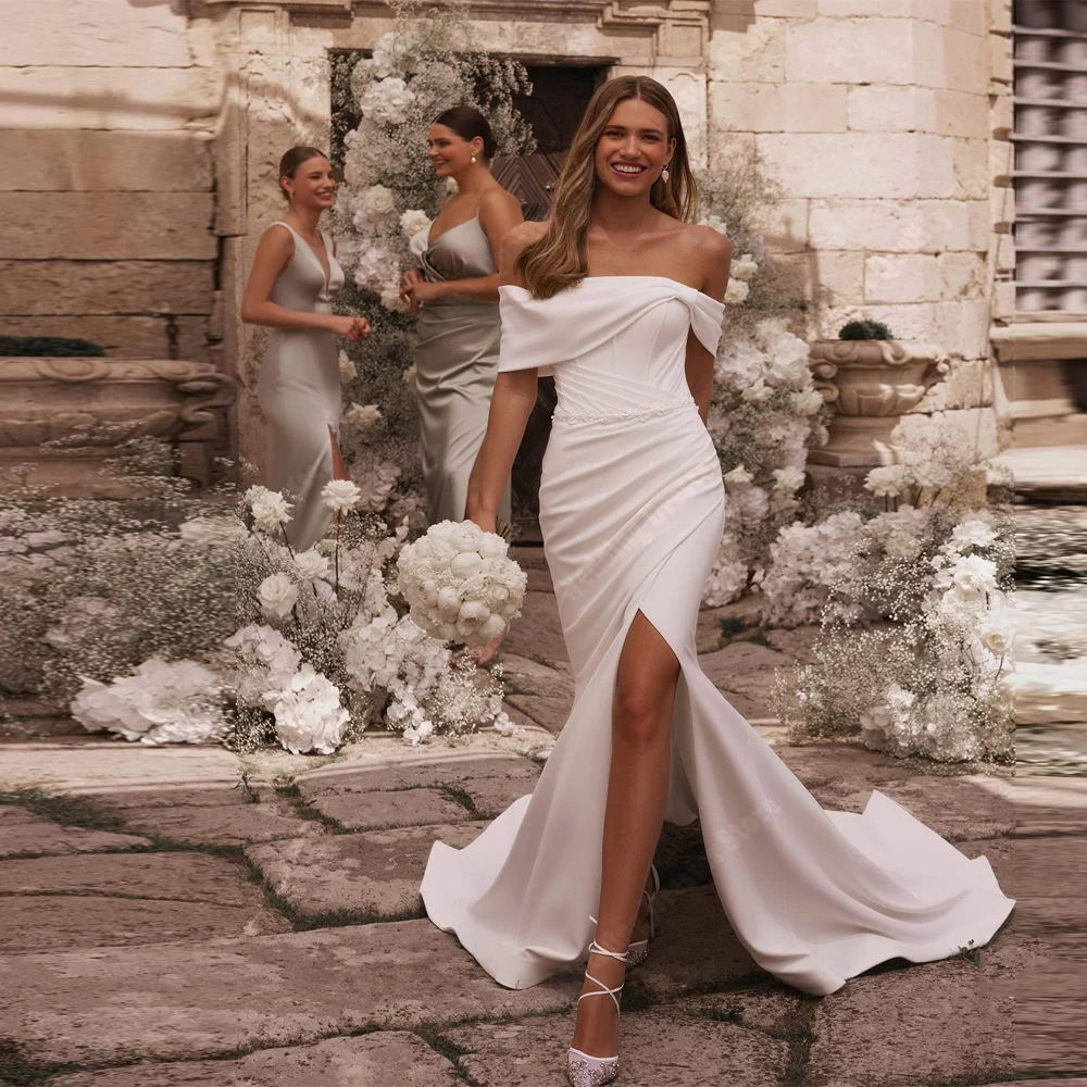 

Атласные женские свадебные платья с открытыми плечами и рукавами, сексуальные свадебные платья с открытой спиной, длина для мытья полов, платья принцессы для выпускного вечера по индивидуальному заказу