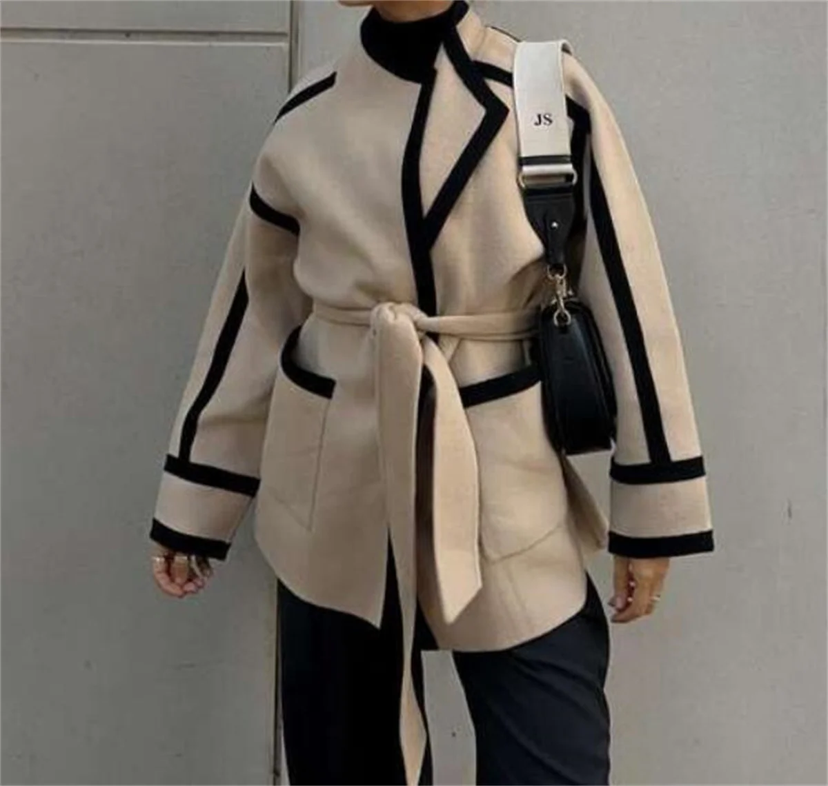 Women Fashion Spliced Contrast Coats Long Sleeve Belt Pocket Decorate 2024 Autumn Winter New In Jacket  Lady Mid-length Outwear