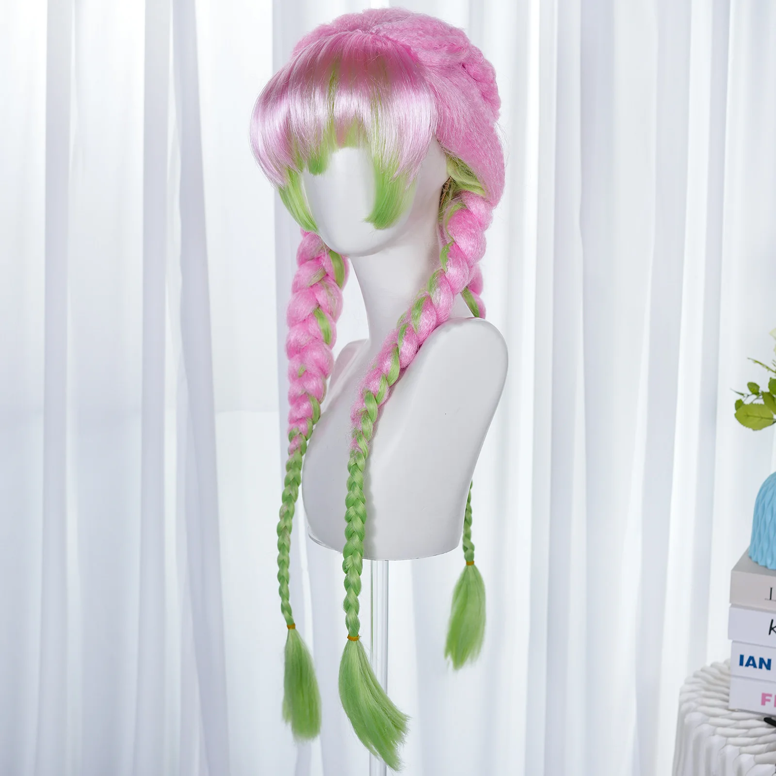 Synthetic fiber hair, bangs, costume wigs, pink and green woven anime wigs, suitable for women's carnival anime parties - view 5
