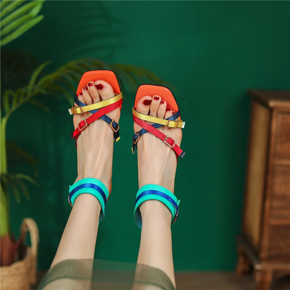 Buckle straps decoration behind zipper 6.5cm high strange heels mixed colors square peep toe fashion women sandals HL436