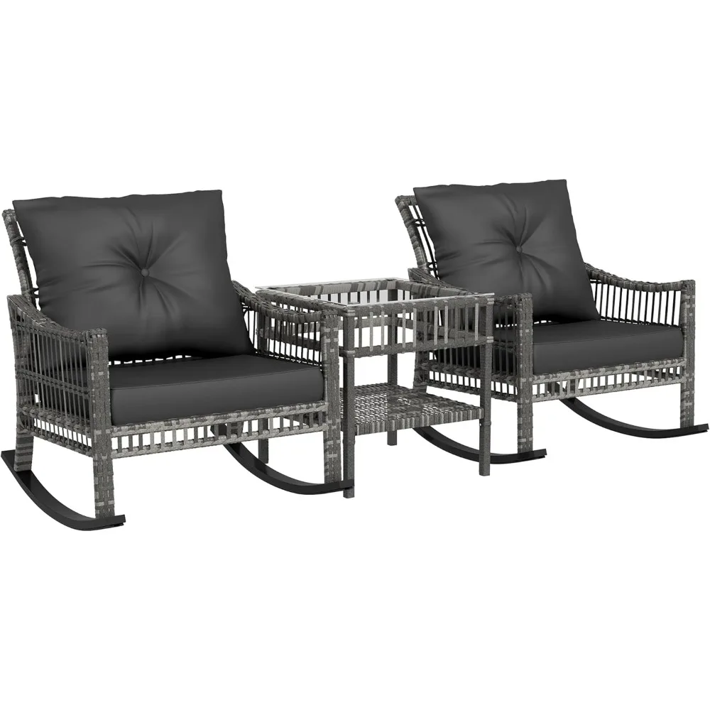 

Three-Piece Outdoor Wicker Rocking Chair Set with Cushioned Seats and Storage Table