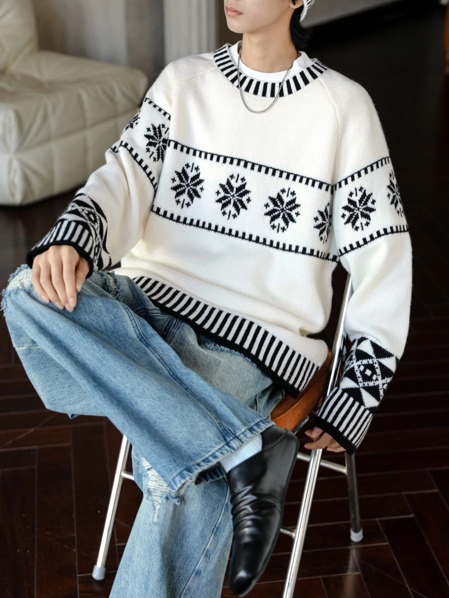 

Американский вязаный свитер в стиле Fair Isle для пар, с цветовыми блоками, в свободном стиле, верхняя одежда для мужчин и женщин, повседневная осенняя одежда