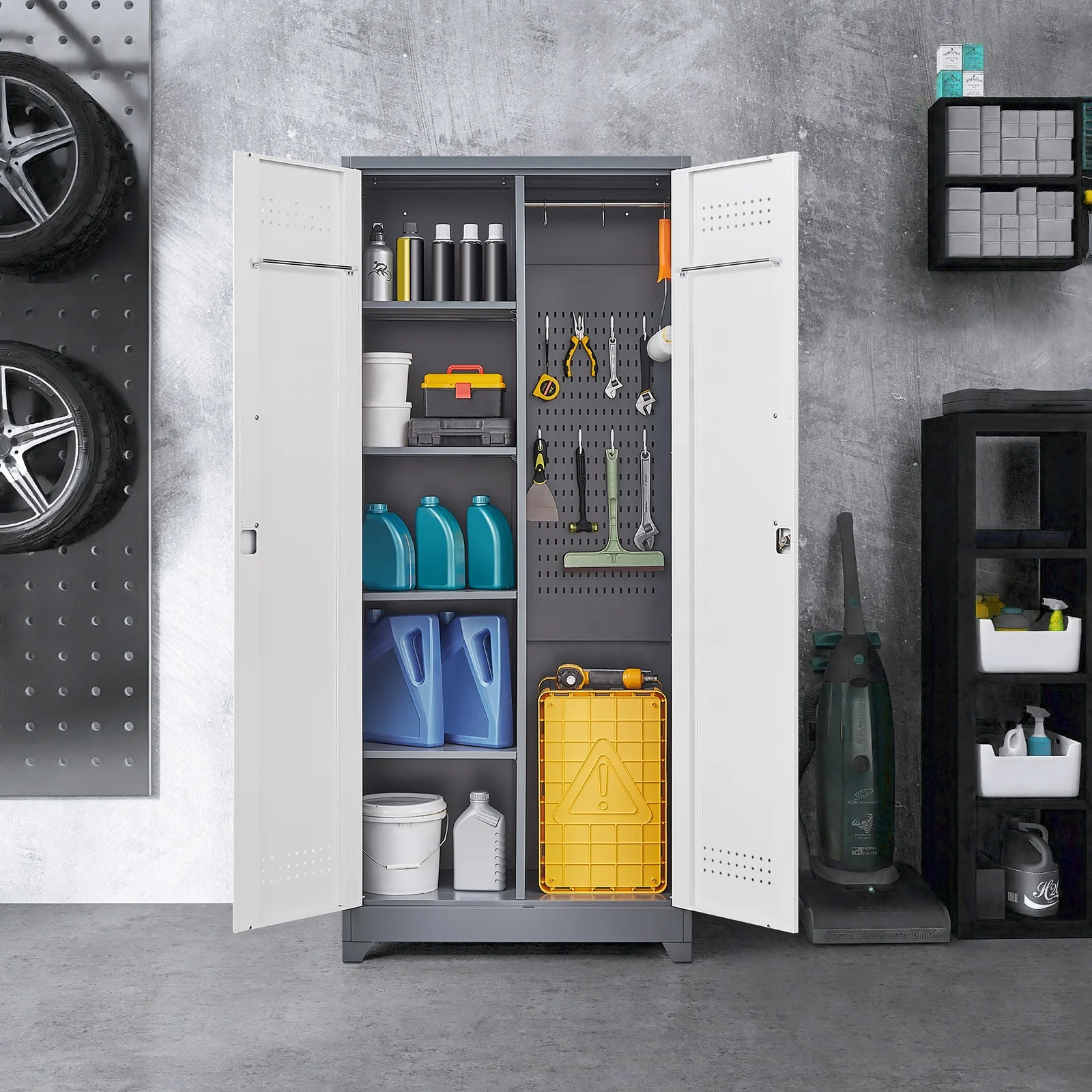 Custom Steel Household 2 Doors Broom Closet Storage Cabinet Cleaning Tools Cabinet Garage Storage Cabinet