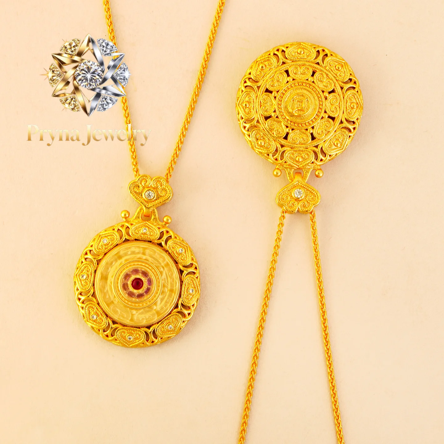 Pryna Jewelry   luxury real gold jewelry 24k certifid filigree diamond hollow compass pendant retro versatile rotatable necklace