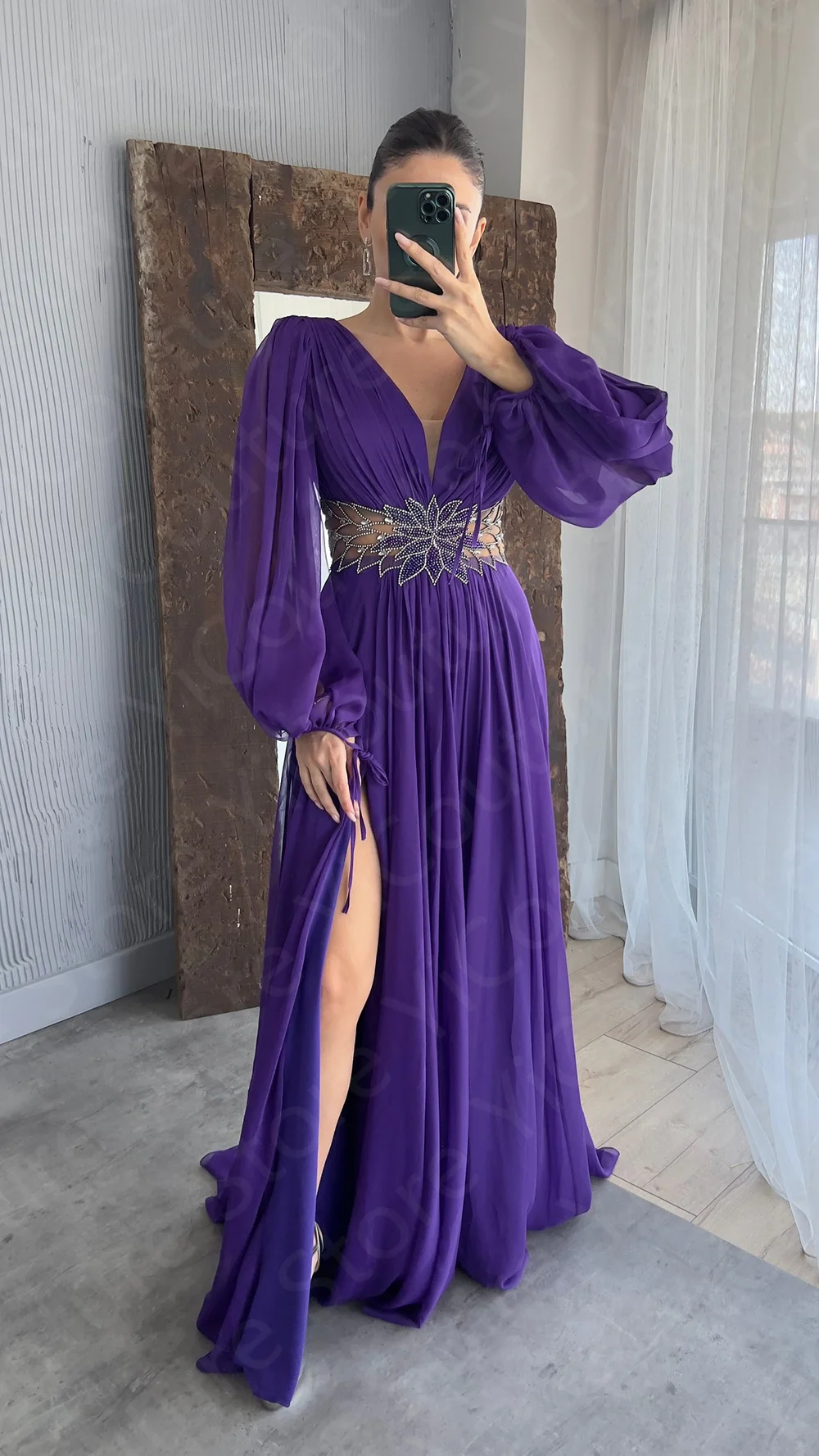 Charming Purple Evening Dresses 2024 Latest Prom Party Dresses Puffy Long Sleeve V Neckline Wedding Guest Gowns Side Split