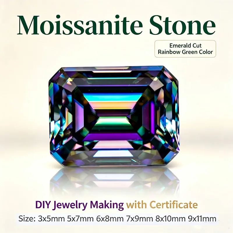 Moissanit-Stein im Smaragdschliff, Regenbogengrüne Farbe, DIY-Schmuckherstellung, Ring, Halskette, Ohrringe, Hauptmaterialien mit Zertifikat – Detail 2