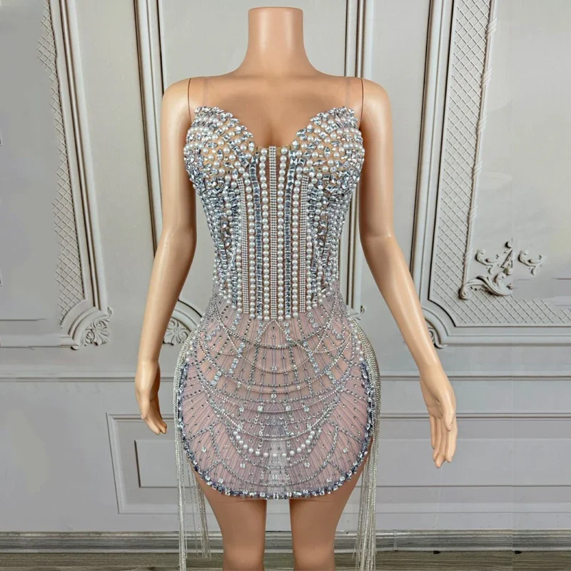 럭셔리 진주 파티 드레스 라인스톤 드레스 여성 가수 고고 의상 재즈 의류 무대 의상 갈라 의상