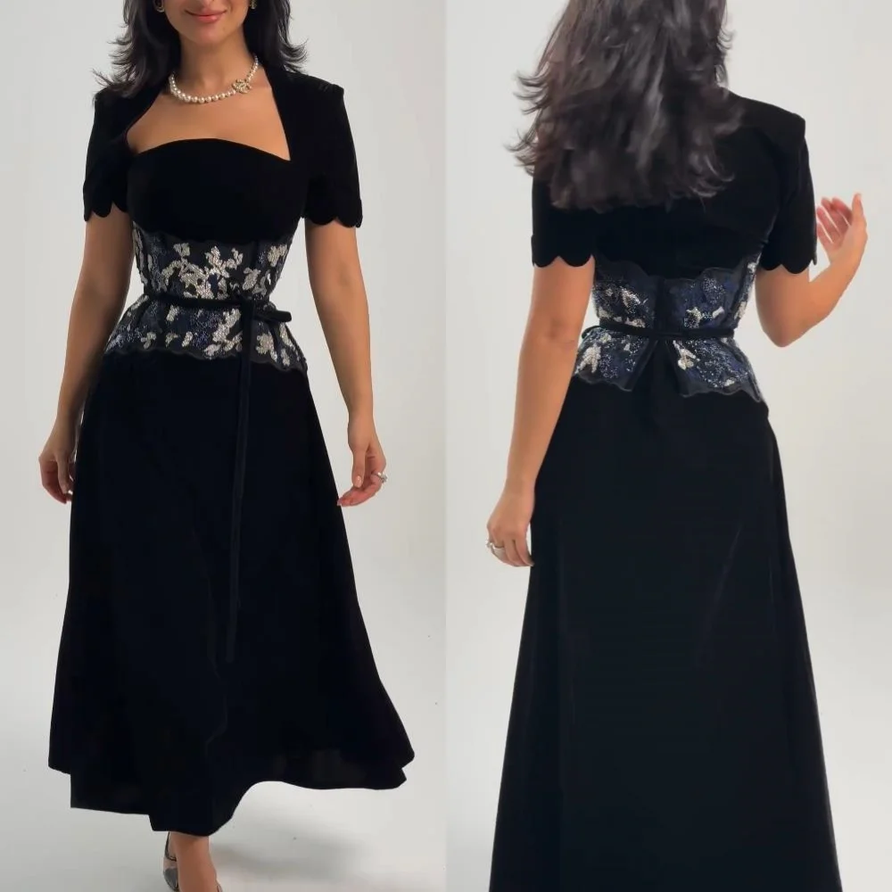 Exquisite Customized Sparkle Jersey Beading Draped Pleat Engagement A-line Square Collar Bespoke Occasion Gown Midi Dresses