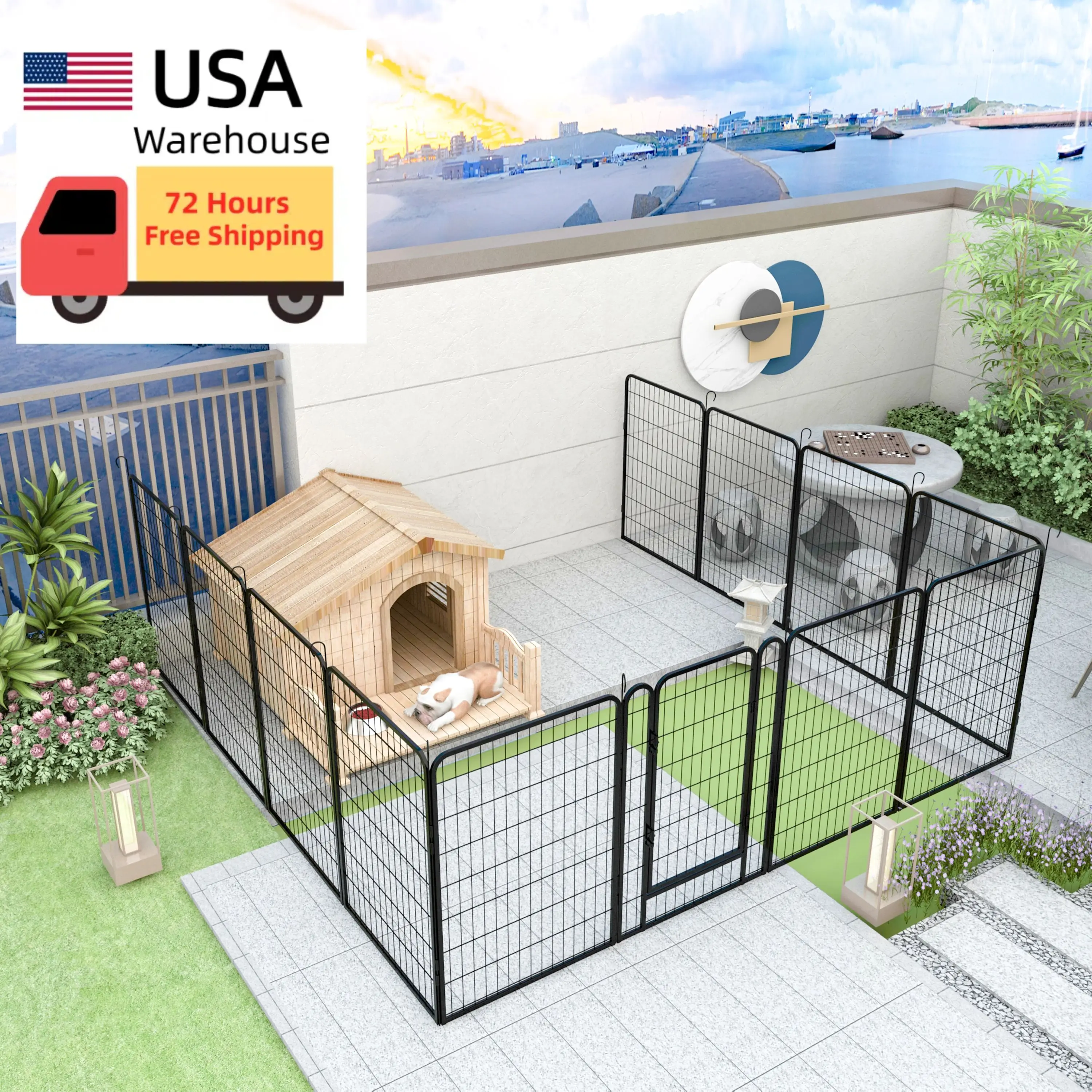 

12 Panels Heavy Duty Metal Black Dog Kennel Dog Playpen with Door Pet Exercise Pen 39.37"H Dog Fence