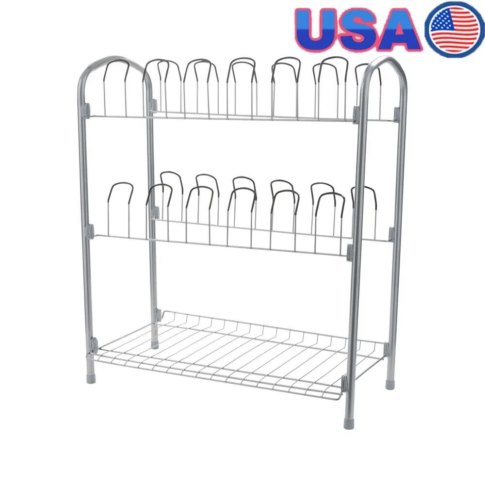 

15 Pair Steel Shoe Rack 3 Tier Storage Organizer with Bottom Shelf Entryway Closet Garage Indoor Use