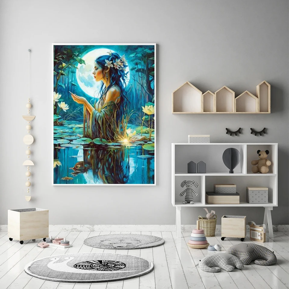 لوحة ماسية للنساء من MomoArt ، قمر فسيفساء ، مربع كامل ، زهرة مستديرة ، تطريز لوتس ، بحيرة ، هواية مصنوعة يدويًا ، وصول جديد