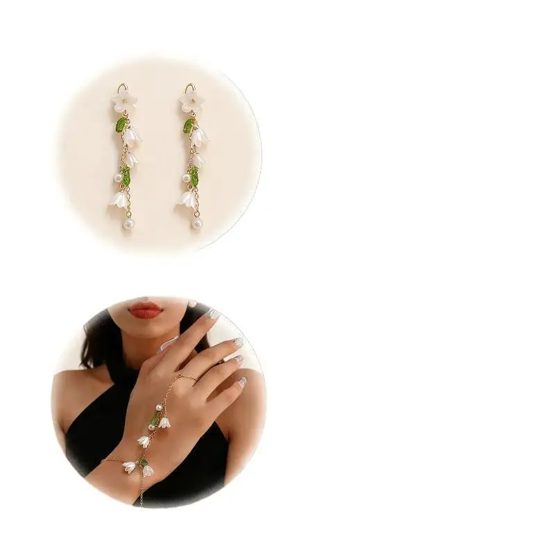 2026 Modischer Damenschmuck: Maiglöckchen & Perlen-Grün Ohrklemmen-Armband und Lange Ohrringe – Detail 6