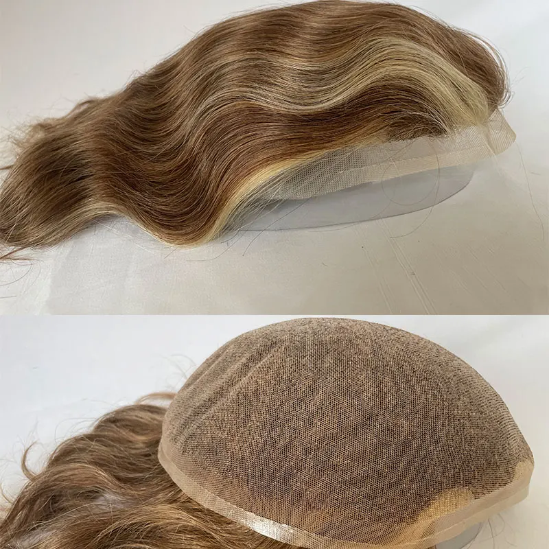 Blond Men's Human Hair Toupee Soft Fine Swiss Lace Natural Hairline Replacement System Mix 4# Highlight 27# 613