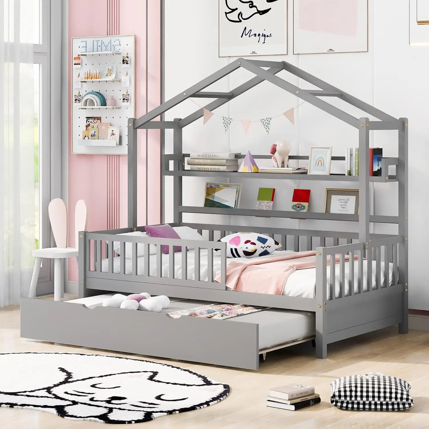 

Merax Twin Size House Bed with Trundle, Wooden Twin Size Platform Bed Frame with Shelf, No Box Spring Needed, Gray